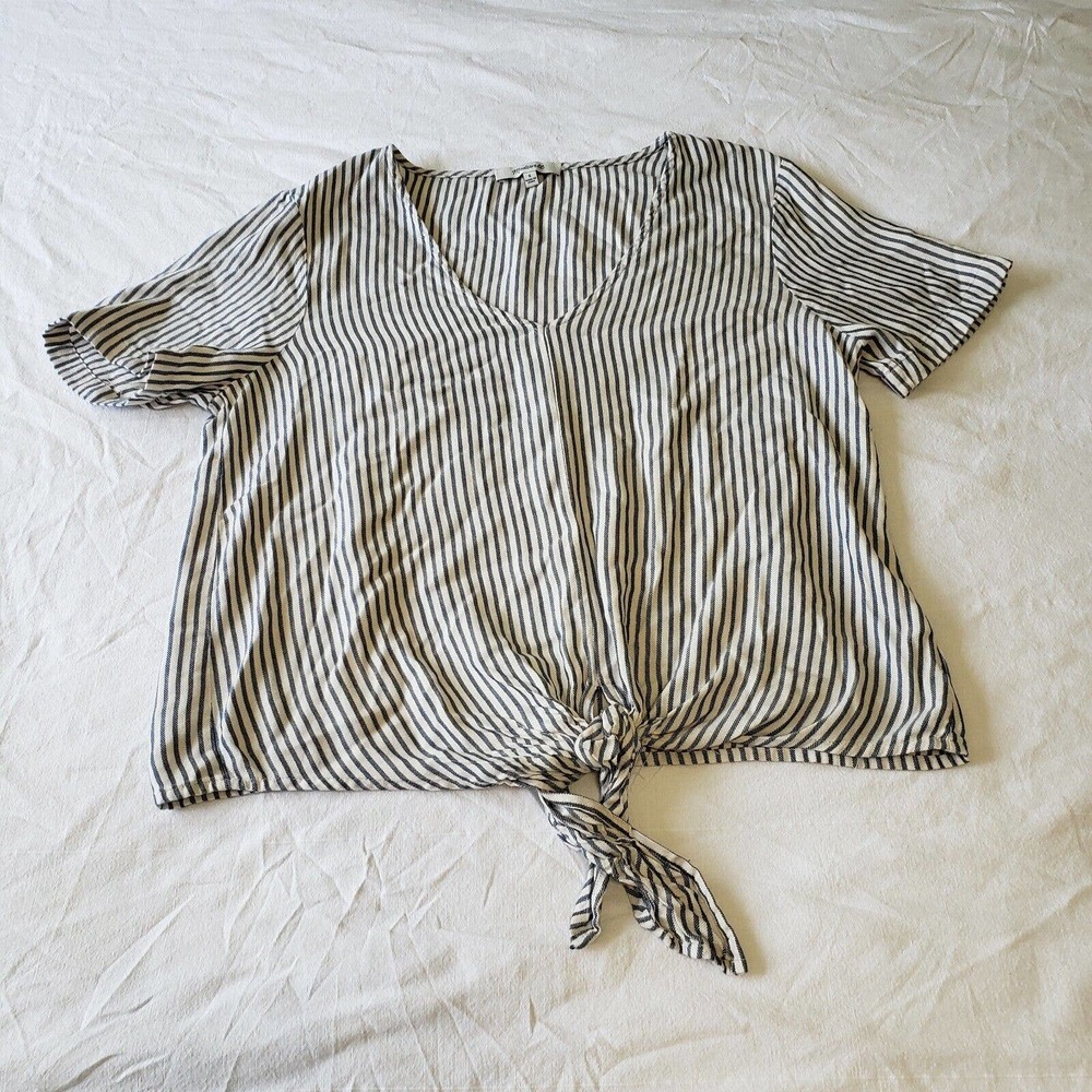 Madewell V-Neck Cropped Short Sleeve Top Waist Tie Blue White Stripes Sz Small